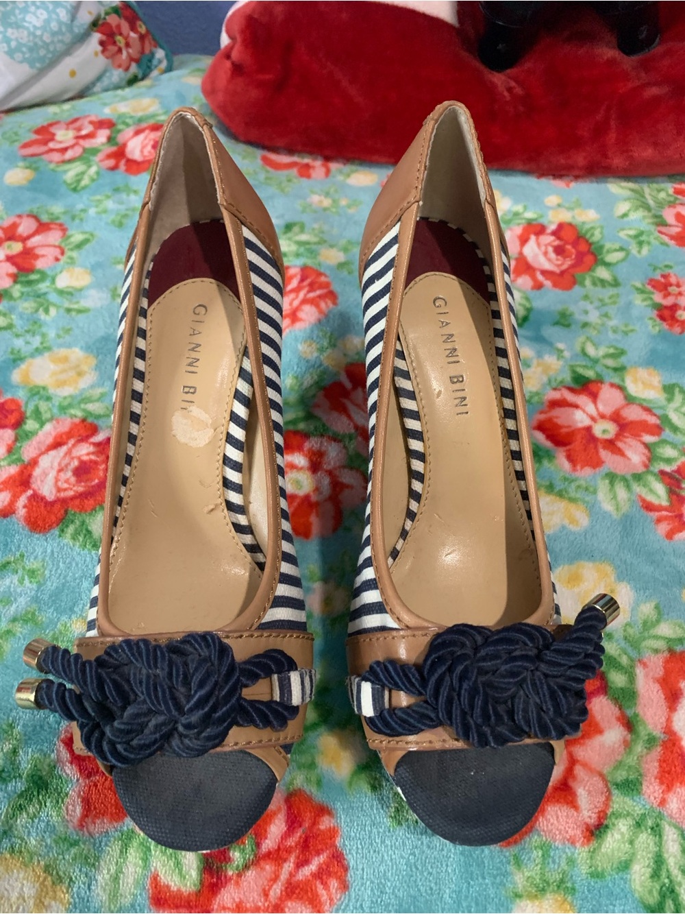 Gianni Bini Navy Stripe and Tan Peep-Toe Heels with Rope Knot 4 Inch Heel